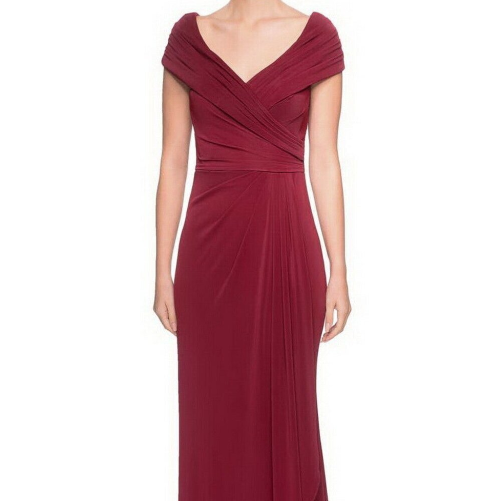 La Femme Wine Burgundy Ruched Off The Shoulder Jersey Column Gown